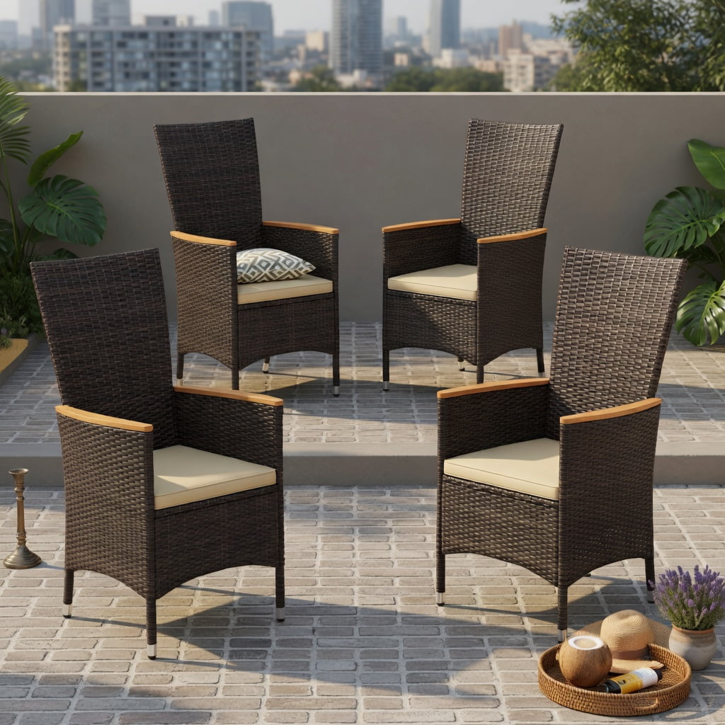 Hommoo 4-Piece Outdoor Dining Chair Set, High-Back Wicker Patio Chairs with Cushions, PE Rattan & Acacia Wood Frame, Weather-Resistant for Backyard, Porch & Poolside, Natural