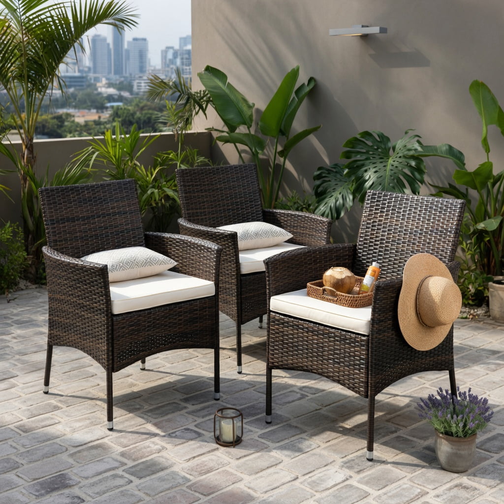 Hommoo 4-Piece Outdoor Dining Chair Set with Off-White Cushions, PE Rattan & Acacia Wood Frames, Rust-Resistant Metal Base, Patio, Poolside & Balcony Ready, Brown