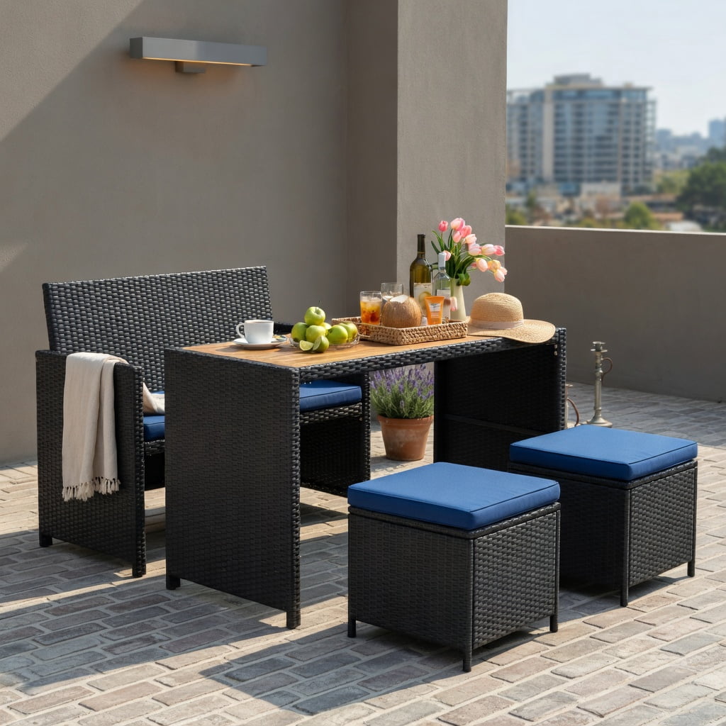 Hommoo 4-Piece Outdoor Dining Set, Acacia Wood Table, PE Rattan Loveseat & 2 Matching Ottomans for Patio, Backyard, Poolside, Navy