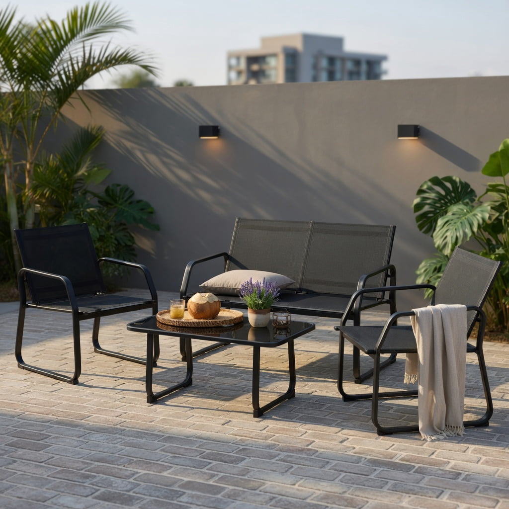 Hommoo 4-Piece Outdoor Patio Conversation Set, Metal Frame, Breathable Fabric Seating & Tempered Glass Coffee Table for Backyard, Deck or Balcony, Black
