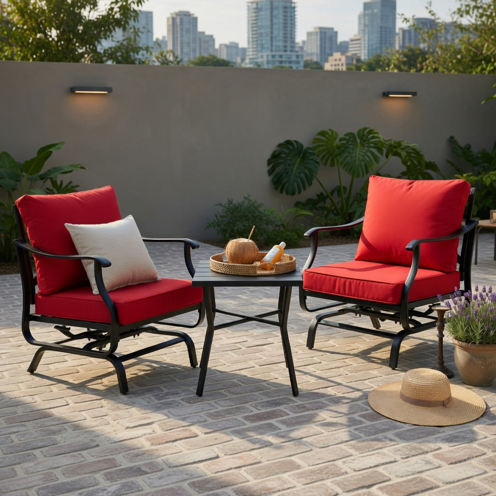 Hommoo 4-Piece Outdoor Patio Conversation Set, Steel Frame with Polyester Cushions, Includes Loveseat, 2 Chairs & Side Table for Backyard, Poolside & Garden, White & Blue