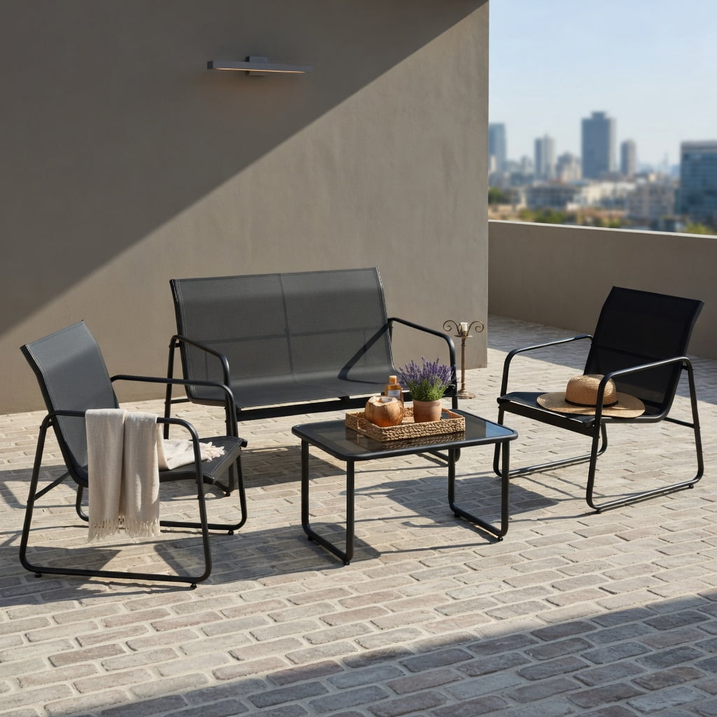 Hommoo 4-Piece Outdoor Patio Conversation Set with Tempered Glass Coffee Table, Metal Frame Loveseat & Armchairs for Backyard, Garden, or Deck, Black