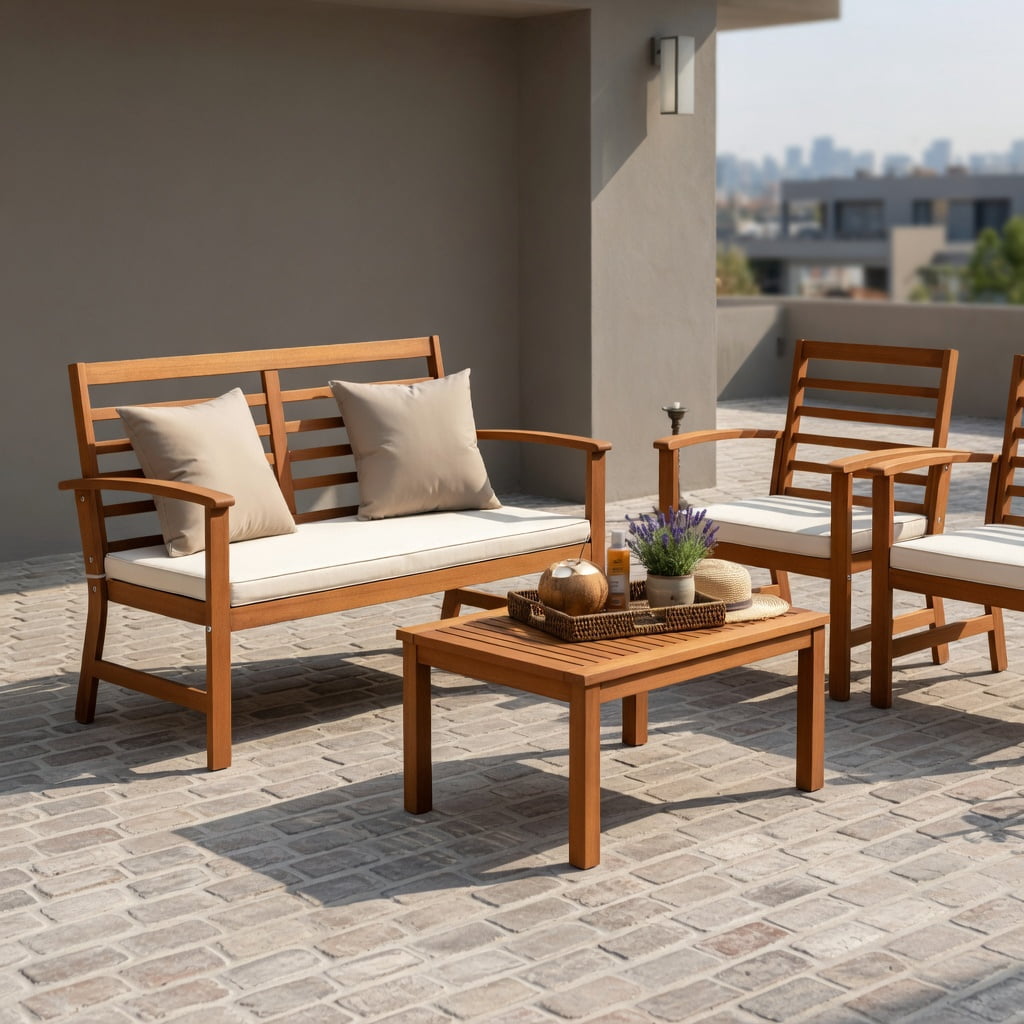 Hommoo 4-Piece Outdoor Patio Furniture Set, Acacia Wood Loveseat, 2 Chairs & Coffee Table, Durable, Weather-Resistant Backyard Seating, White