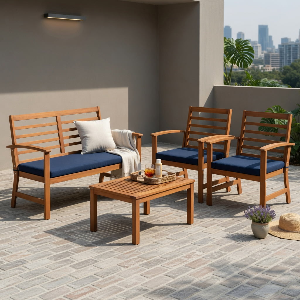 Hommoo 4-Piece Outdoor Patio Furniture Set, Acacia Wood Loveseat, 2 Chairs & Coffee Table with Cushions, Weather-Resistant Backyard Seating, Navy