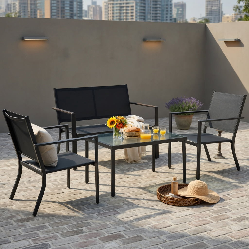 Hommoo 4-Piece Outdoor Patio Furniture Set, Steel Frame Loveseat, 2 Chairs & Tempered Glass Coffee Table for Backyard, Garden, Poolside, Gray
