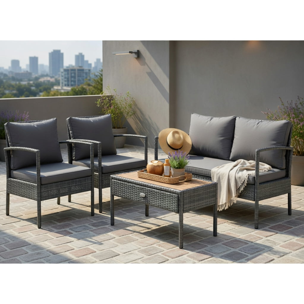 Hommoo 4-Piece Outdoor Patio Furniture Set, Steel Glider Loveseat, Tempered Glass Coffee Table + 2 Spring Rocking Dining Chairs for Backyard, Poolside & Garden, Brown