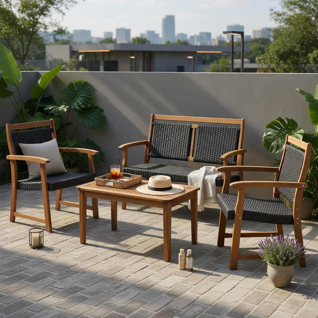 Hommoo 4-Piece Outdoor Patio Rattan Sofa Set with Solid Acacia Wood Frame, Weather-Resistant PE Rattan Loveseat, Single Sofas & Coffee Table for Backyard, Poolside, Garden, Reddish Brown