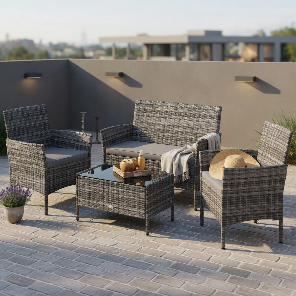 Hommoo 4-Piece Outdoor Rattan Conversation Set with Tempered Glass Coffee Table, PE Wicker, Gray