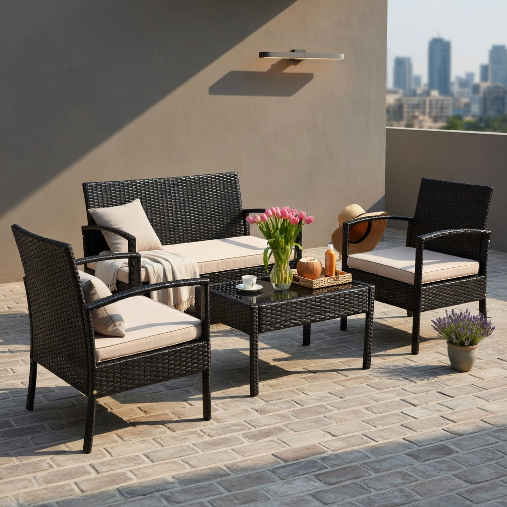 Hommoo 4-Piece Outdoor Rattan Patio Conversation Set, Double Loveseat, 2 Single Sofas & Glass-Top Coffee Table, All-Weather PE Wicker with Steel Frame, Black