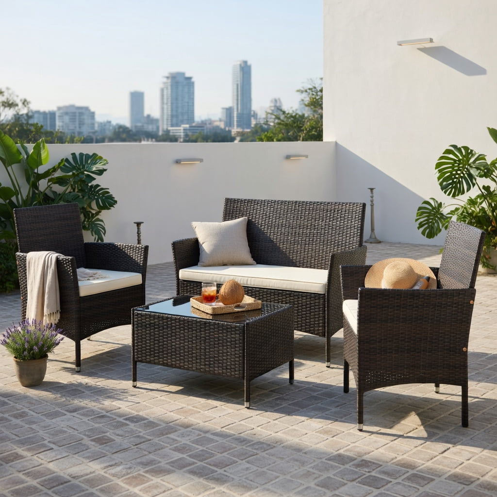Hommoo 4-Piece Outdoor Rattan Patio Conversation Set with Plush Cushions, Loveseat, 2 Chairs & Tempered Glass Coffee Table, Weather-Resistant PE Wicker for Backyard, Poolside & Porch, Brown
