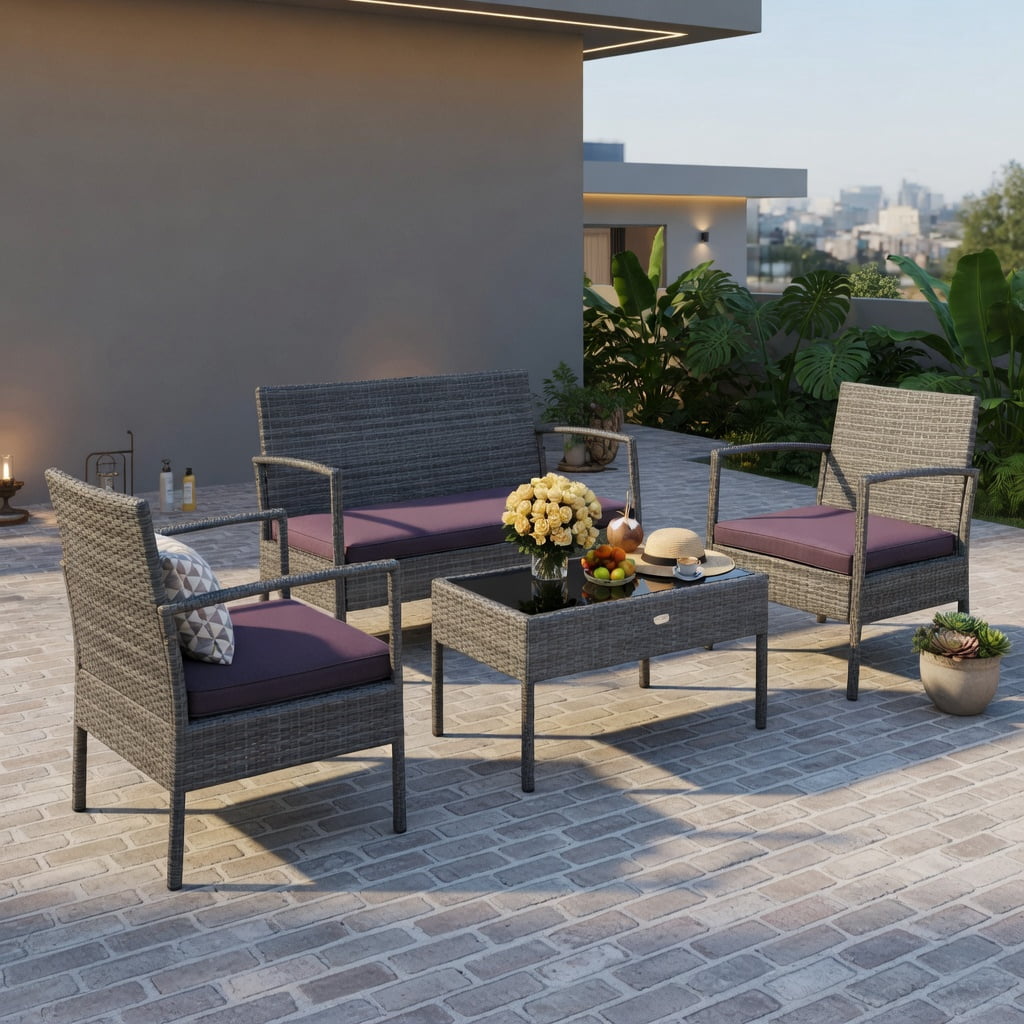 Hommoo 4-Piece Outdoor Rattan Patio Conversation Set with Steel Frame, Thick Cushions & Tempered Glass Coffee Table for Backyard, Poolside & Balcony, Gray