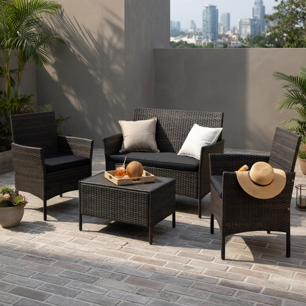 Hommoo 4-Piece Outdoor Rattan Patio Conversation Set with Plush Cushions, Loveseat, 2 Chairs & Tempered Glass Coffee Table, Black