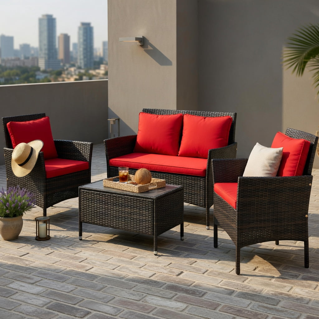 Hommoo 4-Piece Outdoor Rattan Patio Conversation Set with Plush Seat Cushions, Loveseat, 2 Chairs & Tempered Glass Coffee Table, Red
