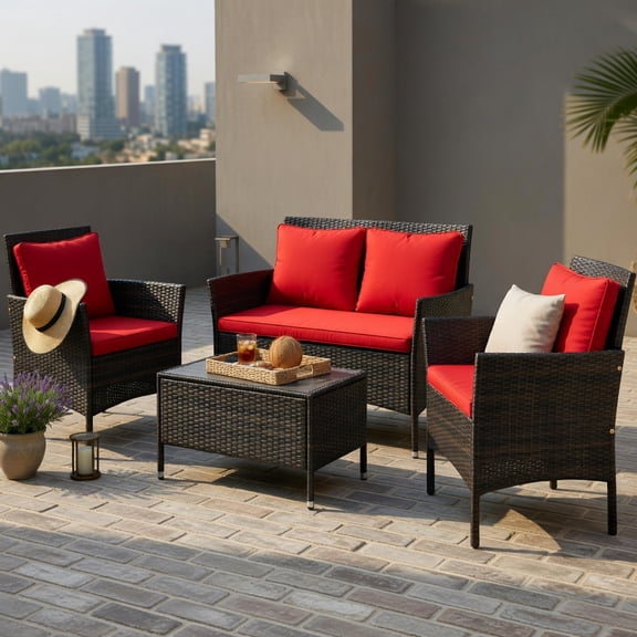 Hommoo 4-Piece Outdoor Rattan Patio Conversation Set with Plush Seat Cushions, Loveseat, 2 Chairs & Tempered Glass Coffee Table, Red