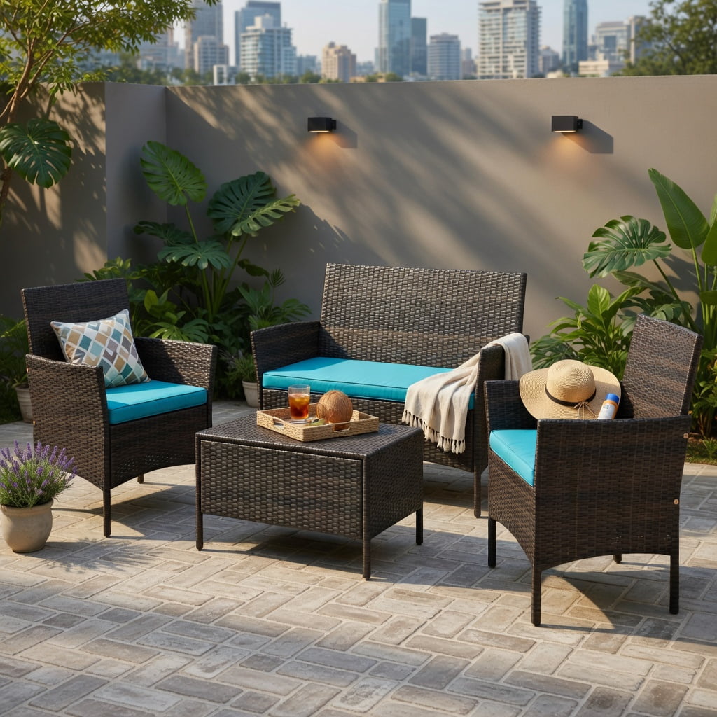 Hommoo 4-Piece Outdoor Rattan Patio Conversation Set with Plush Seat Cushions, PE Wicker Loveseat + 2 Chairs + Tempered Glass Coffee Table, Turquoise