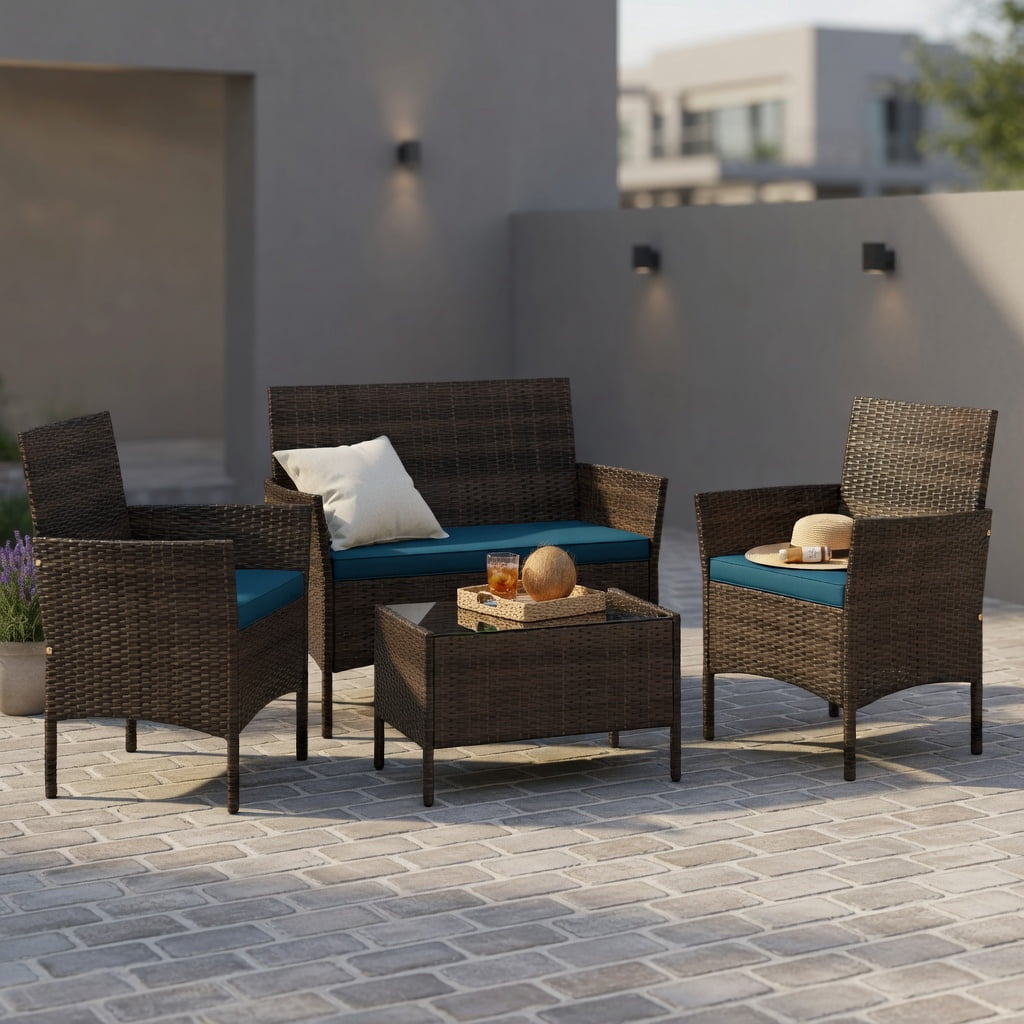 Hommoo 4-Piece Outdoor Rattan Patio Conversation Set with Plush Seat Cushions, PE Wicker, Tempered Glass Coffee Table, Peacock Blue