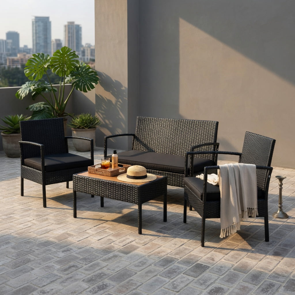 Hommoo 4-Piece Outdoor Rattan Patio Furniture Set with Acacia Wood Coffee Table, Wicker Sofa & Loveseat with Removable Cushions for Backyard, Balcony, or Poolside, Black