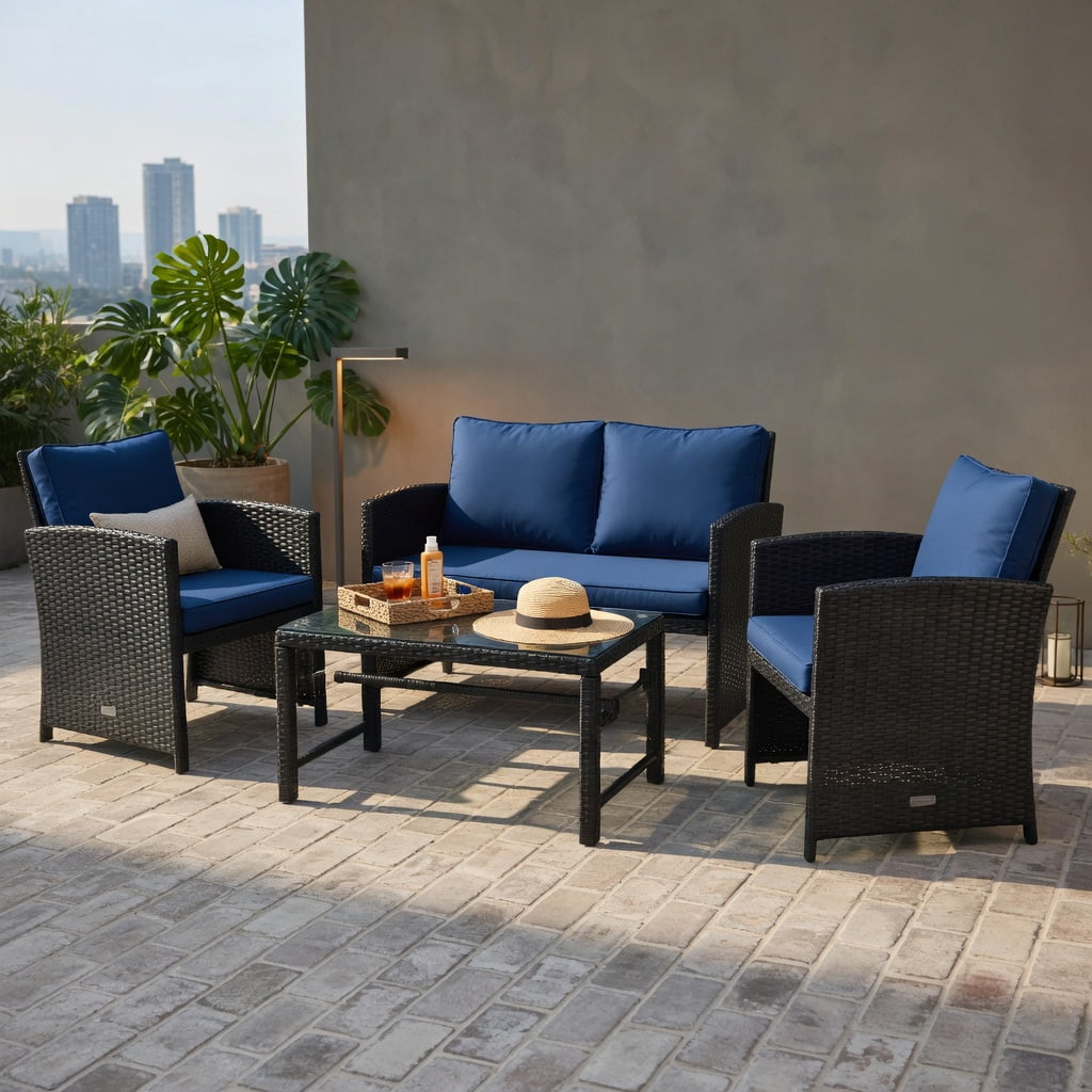 Hommoo 4-Piece Outdoor Rattan Patio Furniture Set with Cushions, Tempered Glass Coffee Table, Loveseat & 2 Chairs, Weather-Resistant Wicker Seating for Patio, Poolside & Deck, Navy