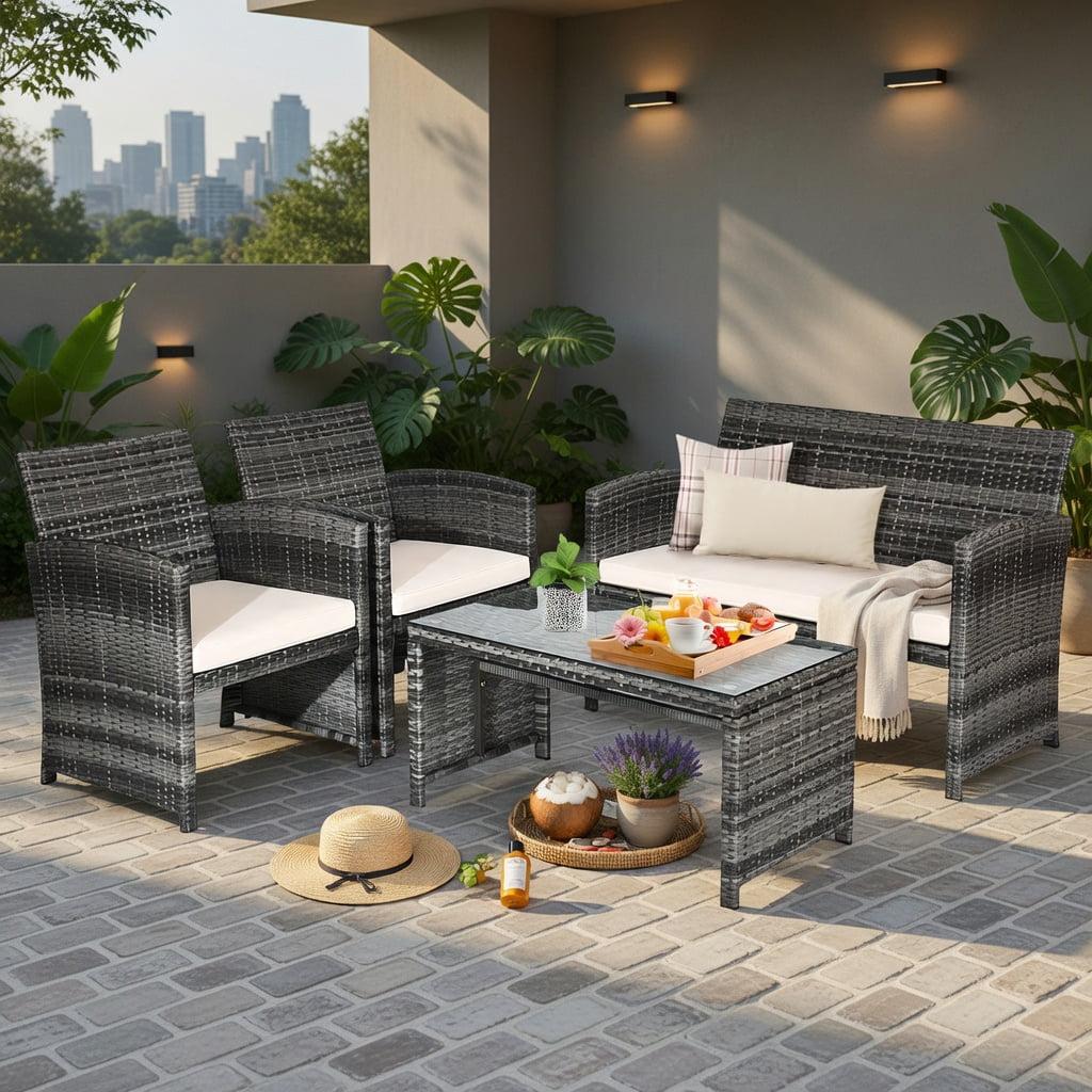 Hommoo 4-Piece Outdoor Rattan Patio Furniture Set, Loveseat + 2 Single Sofas + Tempered Glass Coffee Table for Backyard, Balcony & Garden, White