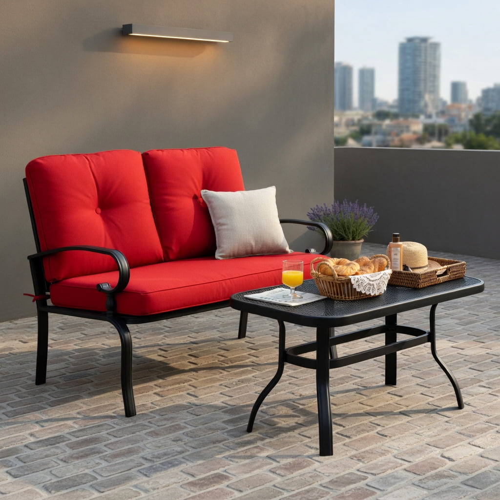 Hommoo 4-Piece Outdoor Rattan Patio Furniture Set, PE Rattan Loveseat, 2 Single Chairs & Tempered Glass Coffee Table for Backyard, Balcony, Garden, Black