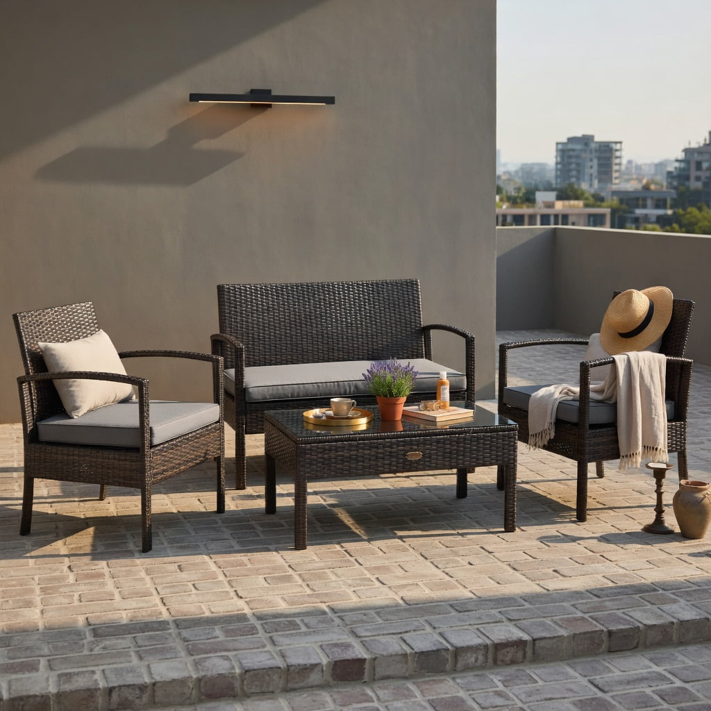 Hommoo 4-Piece Outdoor Rattan Patio Furniture Set, PE Wicker Loveseat, 2 Armchairs, and Coffee Table with Removable Cushions, Brown