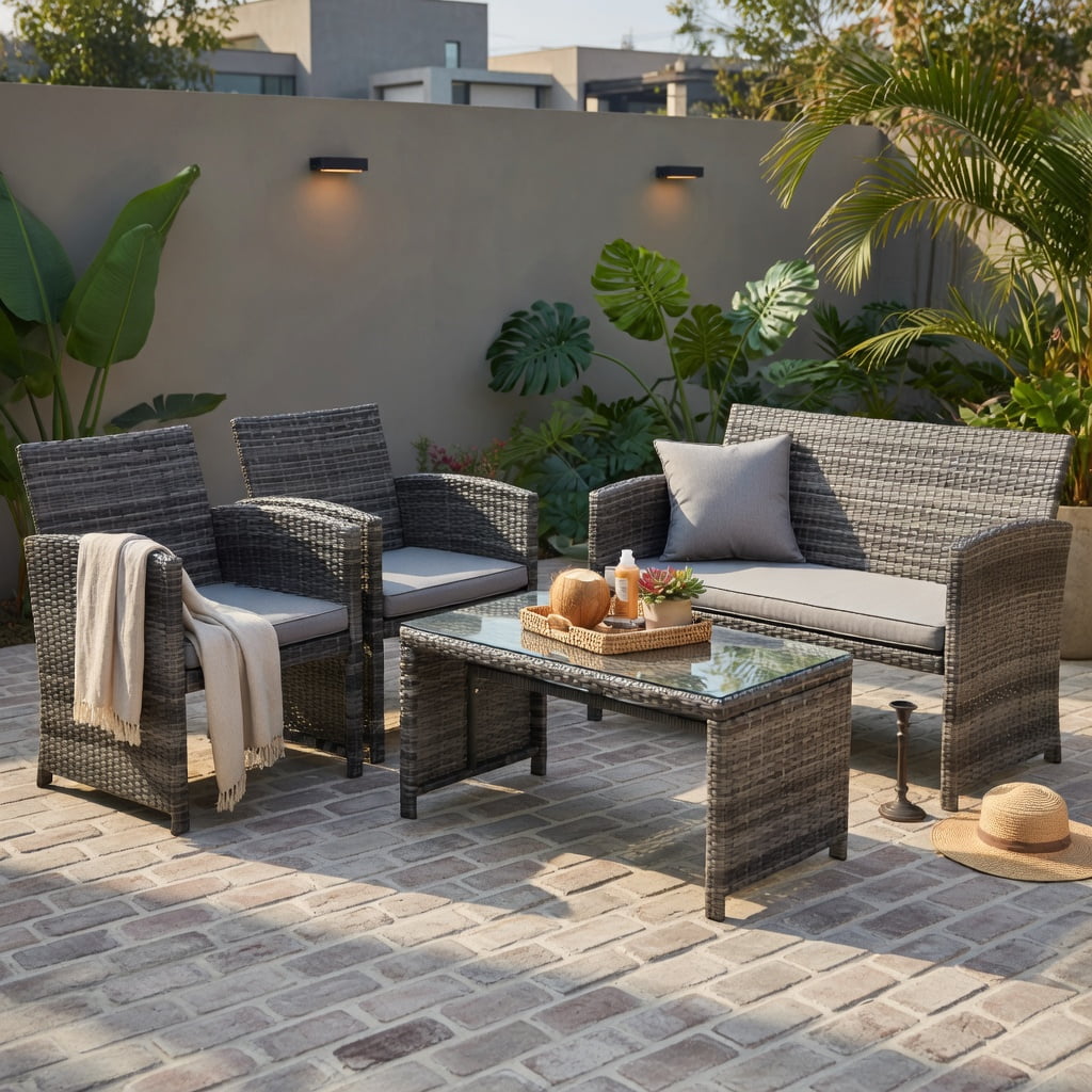 Hommoo 4-Piece Outdoor Rattan Patio Furniture Set, PE Wicker Loveseat, 2 Single Chairs & Tempered Glass Coffee Table for Backyard, Balcony, Garden, Gray