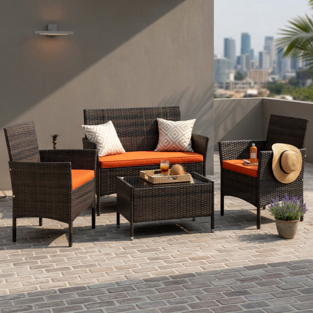 Hommoo 4-Piece Outdoor Rattan Patio Furniture Set with Removable Cushions, Loveseat, 2 Chairs, Tempered Glass Coffee Table, Weather-Resistant PE Wicker, Orange