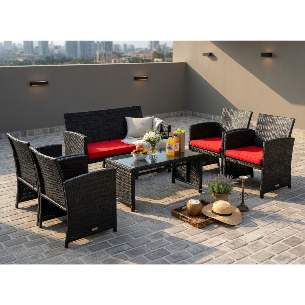 Hommoo 4-Piece Outdoor Rattan Patio Furniture Set with Cushions, Loveseat, 2 Chairs, Tempered Glass Coffee Table, Red