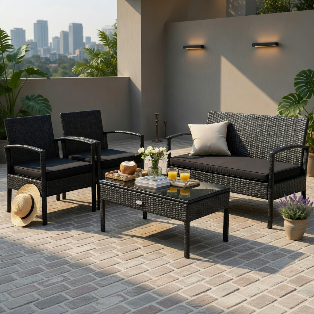 Hommoo 4-Piece Outdoor Rattan Patio Furniture Set with Cushions, PE Wicker Loveseat, Chairs & Coffee Table for Backyard, Balcony, Deck, Black