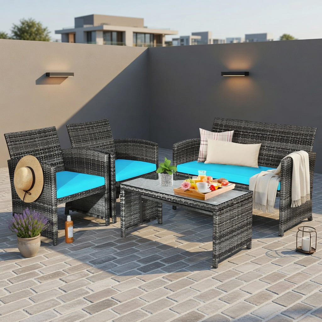 Hommoo 4-Piece Outdoor Rattan Patio Furniture Set with Removable Cushions, Turquoise