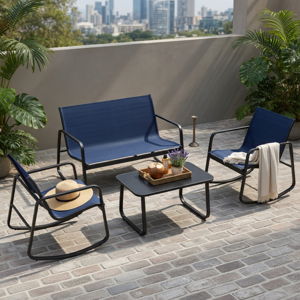 Hommoo 4-Piece Outdoor Rocking Patio Set with Tempered Glass Coffee Table, Metal Frame, Weather-Resistant Fabric, Adjustable Feet & Non-Slip Stability, Brown