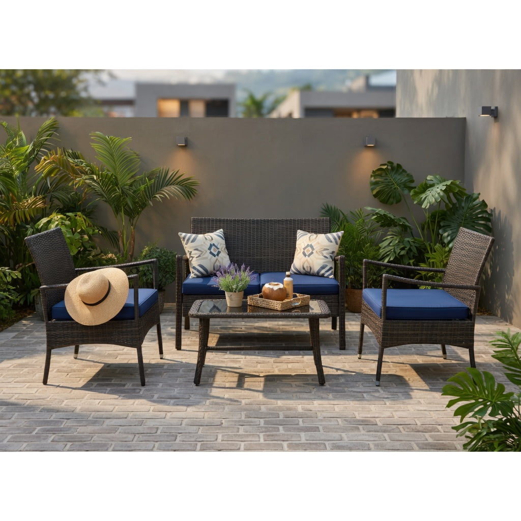 Hommoo 4-Piece Outdoor Wicker Conversation Set with Tempered Glass Coffee Table, Heavy-Duty Metal Frame, Weather-Resistant PE Rattan, Washable Cushions, Navy
