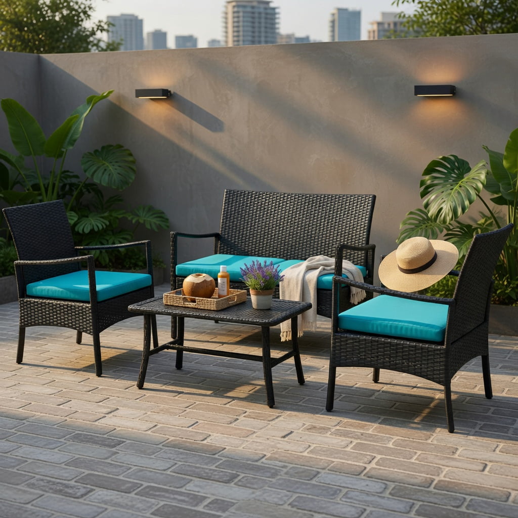 Hommoo 4-Piece PE Rattan Outdoor Conversation Set with Tempered Glass Coffee Table, Metal Frame, Backyard Patio Furniture, Turquoise