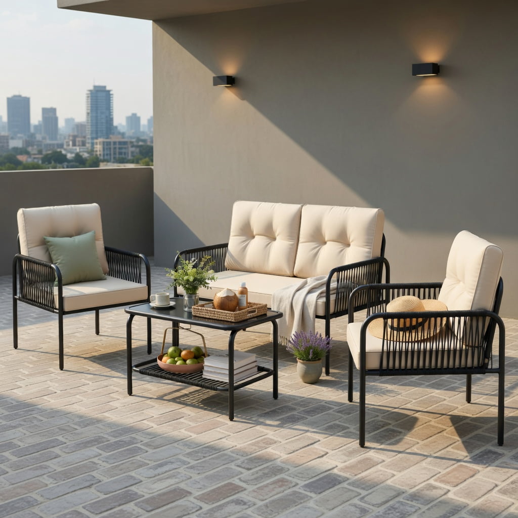 Hommoo 4-Piece PE Rattan Patio Furniture Set, Loveseat, 2 Chairs, Coffee Table with Removable Cushions for Backyard, Poolside & Patio, Beige