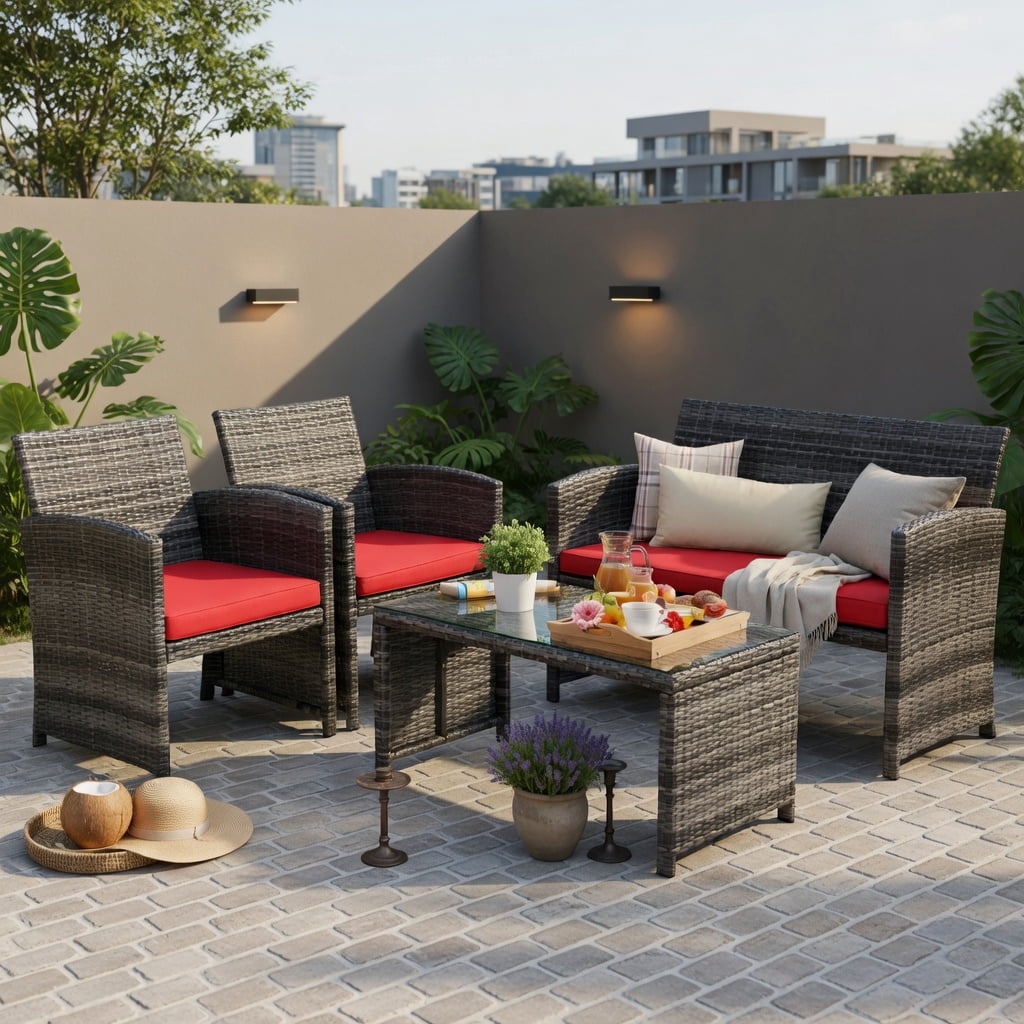 Hommoo 4-Piece PE Rattan Patio Furniture Set with Removable Cushions, Loveseat, 2 Single Chairs & Tempered Glass Coffee Table for Backyard, Garden or Balcony, Red