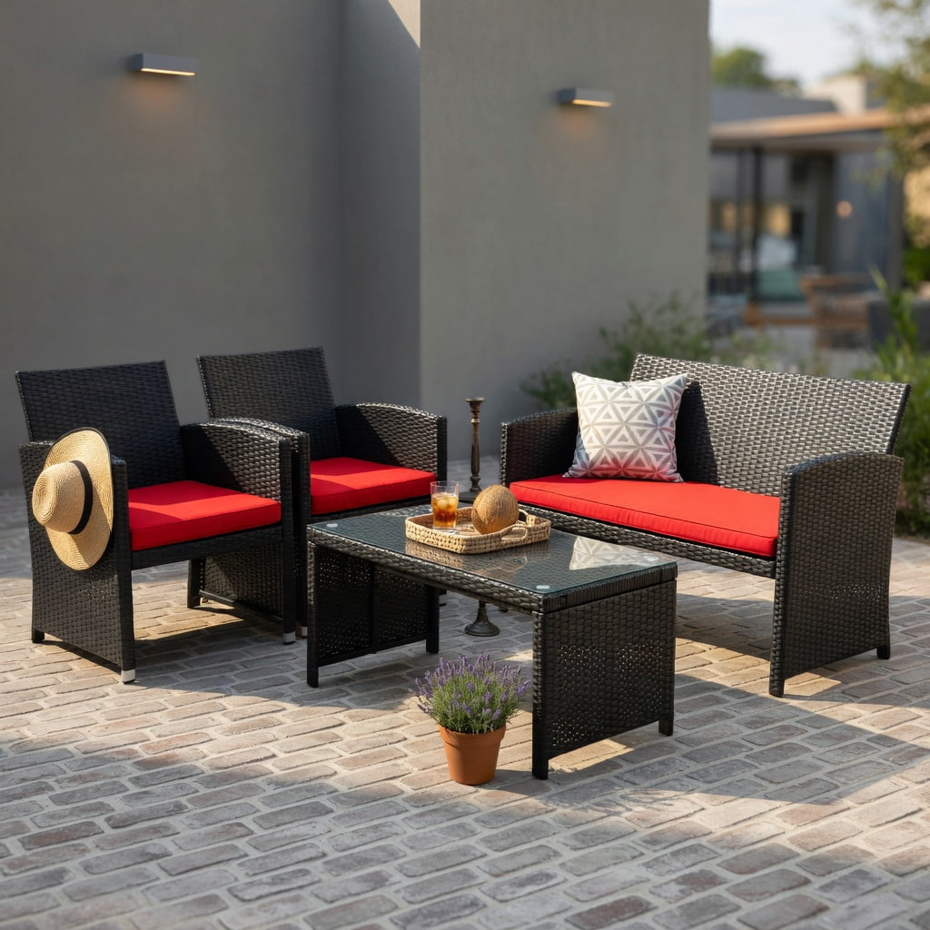 Hommoo 4-Piece PE Rattan Patio Furniture Set with Weatherproof Cushions, Tempered Glass Coffee Table, Loveseat & 2 Single Sofas for Backyard, Balcony, Poolside, Red