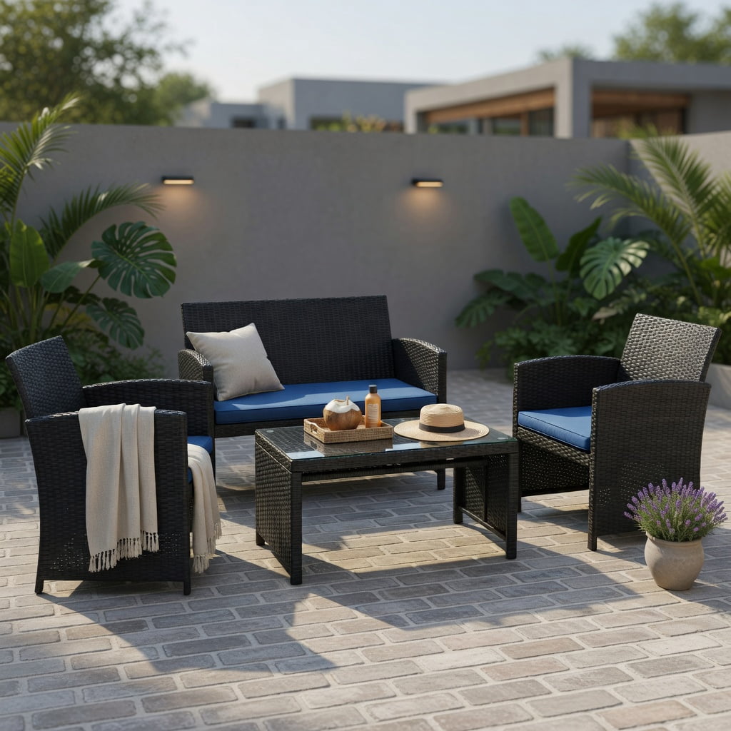 Hommoo 4-Piece PE Rattan Patio Furniture Set with Weatherproof Cushions, Tempered Glass Coffee Table & Heavy-Duty Steel Frame, Navy