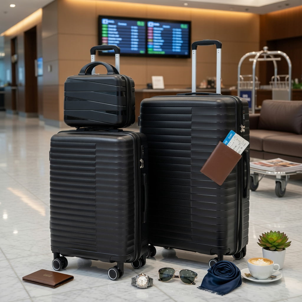 Hommoo 4-Piece PP Spinner Luggage Set with 14" Cosmetic Case, 14" Carry-On + 20"/24"/28" Checked Suitcases, TSA-Approved Combination Lock, 360° Silent Wheels & Retractable Aluminum Handle, Black
