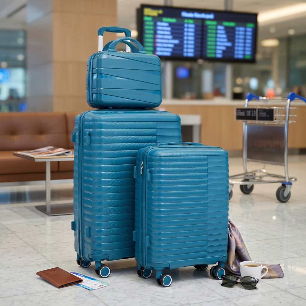 Hommoo 4-Piece PP Spinner Luggage Set with 14" Cosmetic Case Carry-On, 20"/24"/28" Suitcases, TSA-Approved Combination Lock, Silent 360° Wheels & Retractable Aluminum Handle, Blue
