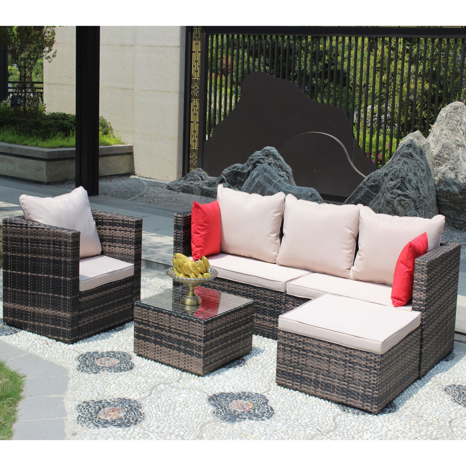 Hommoo Furniture,4-Piece Patio Rattan Outdoor Sectional Furniture Sofa Set, Wicker Conversation Set for 4 People, Brown