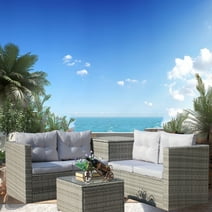 Hommoo 4-Piece Patio Wicker Rattan Outdoor Furniture Sofa Set, Outdoor Conversation Set with Storage Box, Light Grey