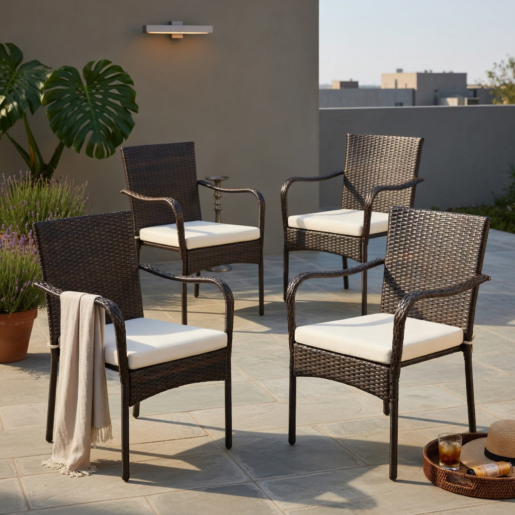 Hommoo 4-Piece Stackable Outdoor Rattan Dining Chairs with Removable Cushions, Weather-Resistant PE Wicker & Steel Frame for Patio, Garden, Poolside, Brown