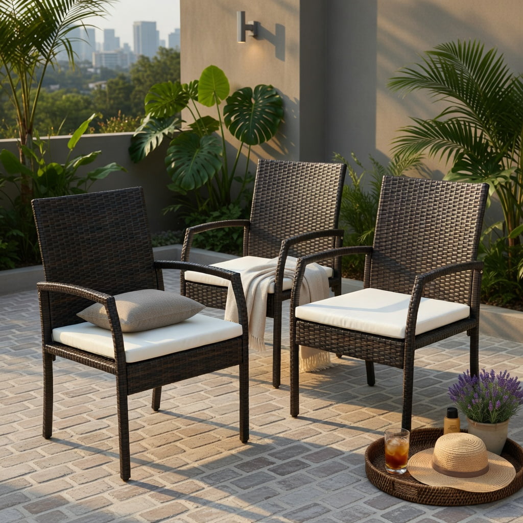 Hommoo 4-Piece Wicker Patio Dining Chair Set with Off-White Zippered Cushions, PE Rattan Outdoor Armchairs for Backyard, Porch & Poolside, Brown