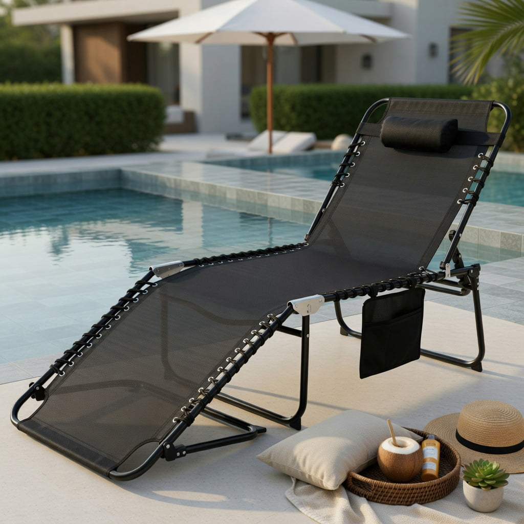 Hommoo 4-Position Adjustable Folding Lounge Chair, Chaise with Detachable Headrest, Side Pocket & Anti-Slip Feet for Poolside, Backyard, Camping, Black