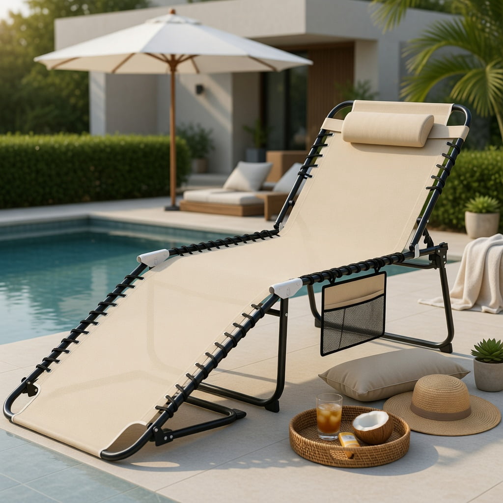 Hommoo 4-Position Adjustable Folding Lounge Chair, Chaise with Removable Headrest, Heavy-Duty Steel Frame, Perfect for Poolside, Backyard & Camping, Beige
