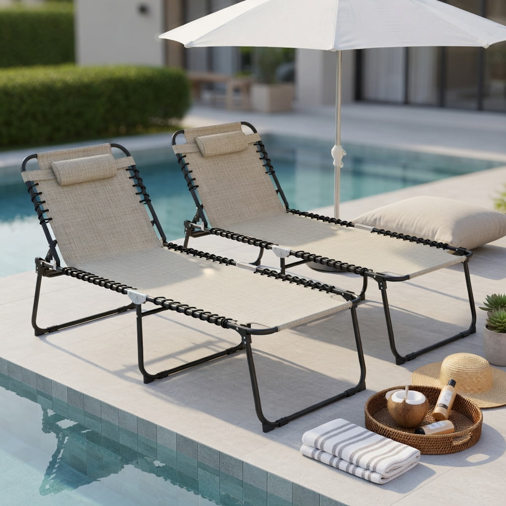 Hommoo 4-Position Adjustable Folding Lounge Chair with Detachable Headrest & Side Pocket, Heavy-Duty Steel Frame, Portable Sun Lounger for Poolside, Backyard & Camping, Gray