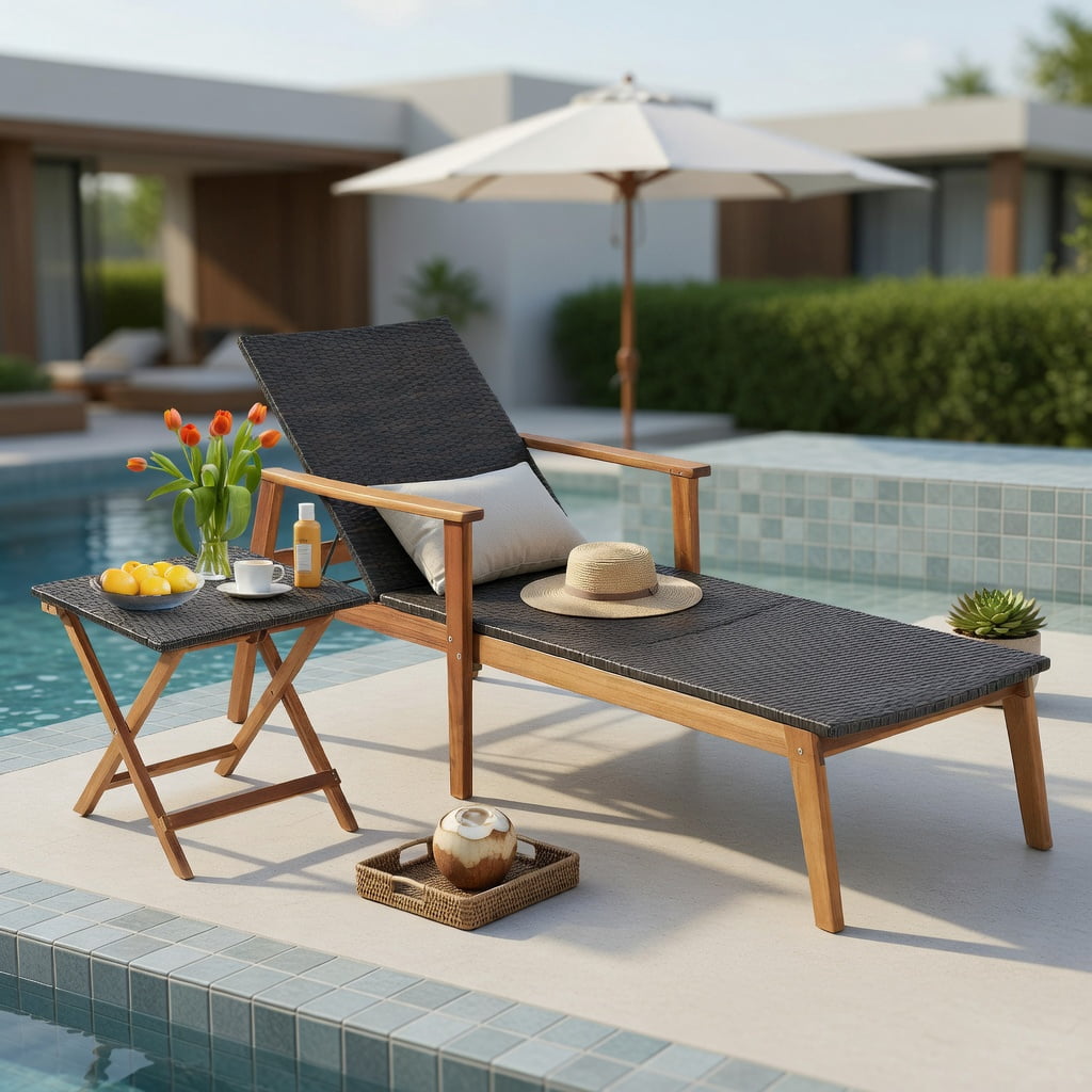 Hommoo 4-Position Adjustable Patio Chaise Lounge with Foldable Side Table, Heavy-Duty Acacia Wood & PE Rattan Outdoor Recliner Set for Backyard, Poolside, and Deck, Brown