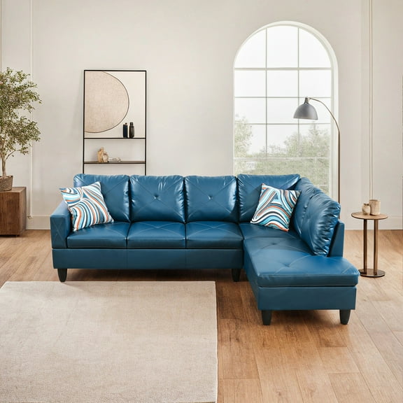 Hommoo 4-Seat Faux Leather Sectional Sofa Sets, L Shaped Sectional Couches and Sofas, Modern Living Room Furniture Sets, 16' Back Height, Denim(No Ottoman)