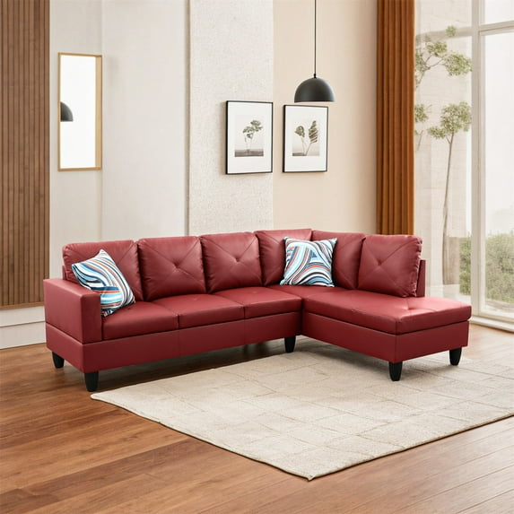 Hommoo 4-Seat Faux Leather Sectional Sofa Sets, L Shaped Sectional Couches and Sofas, Modern Living Room Furniture Sets, 16'' Back Height, Red(No Ottoman)