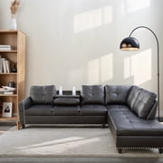 Hommoo 4-Seat Faux Leather Sectional Sofa Sets, L Shaped Flippable Backrest Sectional Couches and Sofas, Modern Living Room Furniture Sets, 15 Back Height, BlackNo Ottoman